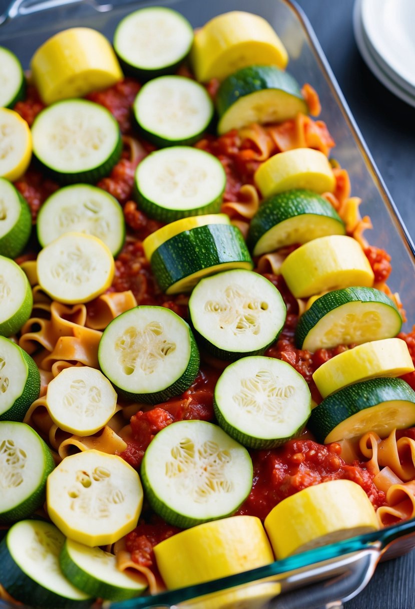 A colorful array of sliced zucchini and squash layered with lasagna noodles and rich tomato sauce in a glass baking dish