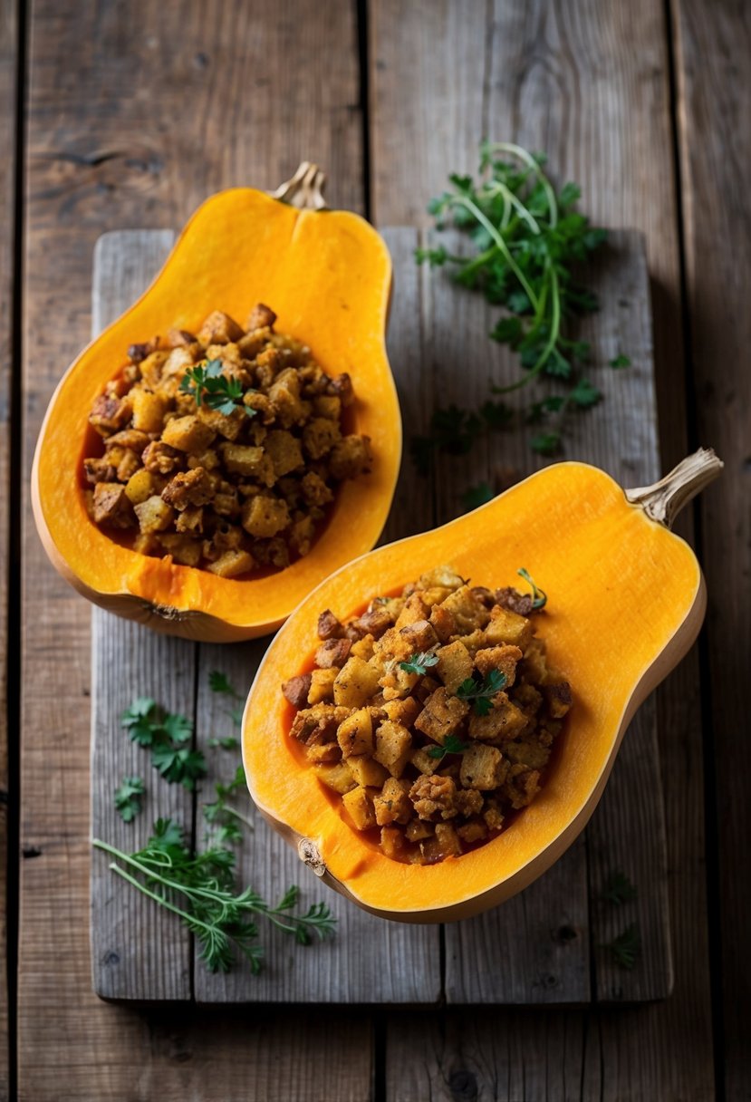 A rustic wooden table with two halved butternut squashes filled with a savory stuffing, surrounded by scattered fresh herbs and spices