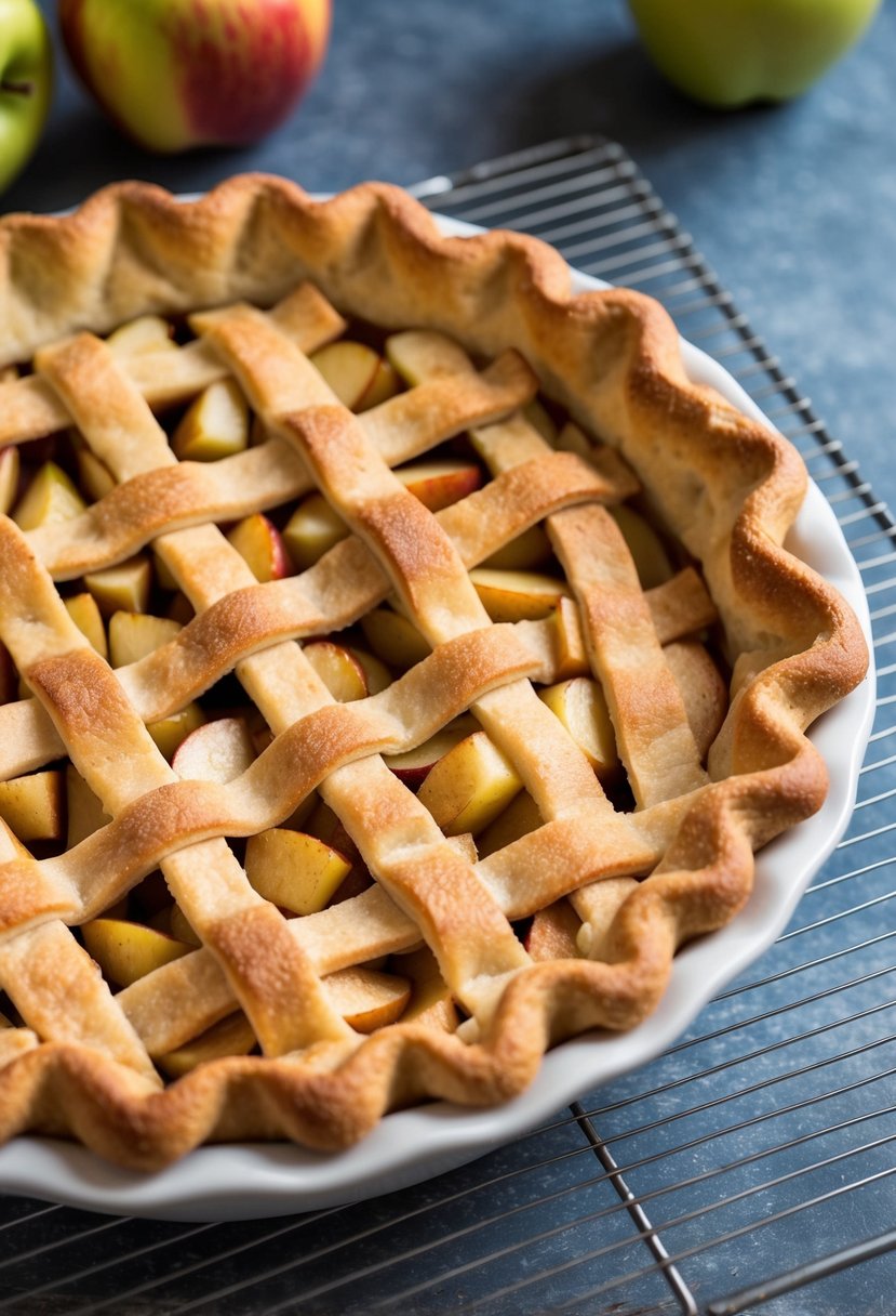 A golden-brown apple pie with a cinnamon roll crust cooling on a wire rack. Sliced apples peek out from under the lattice crust