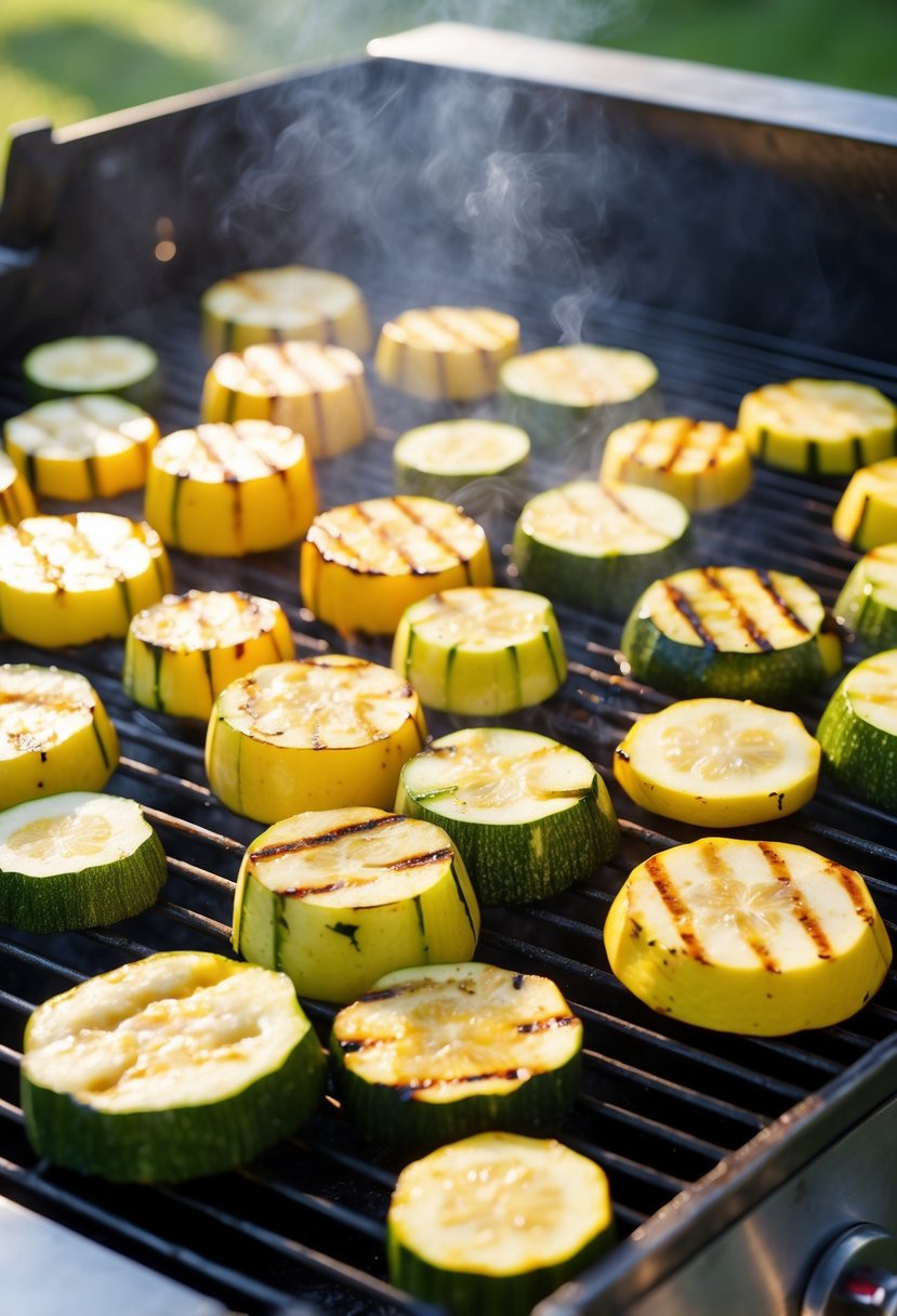 A colorful array of sliced squash and zucchini sizzling on a hot, seasoned grill. A tantalizing aroma fills the air