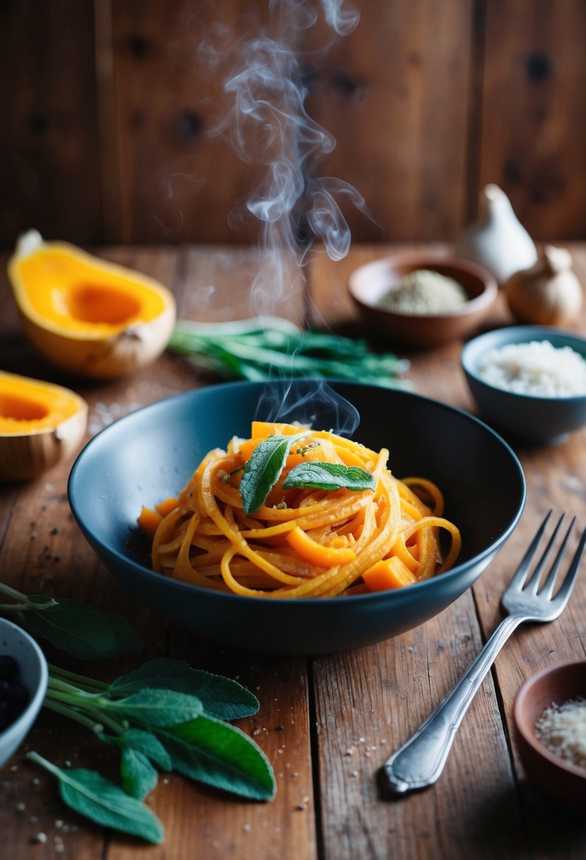 A steaming bowl of butternut squash and sage pasta on a rustic wooden table, surrounded by fresh ingredients and a warm, inviting atmosphere