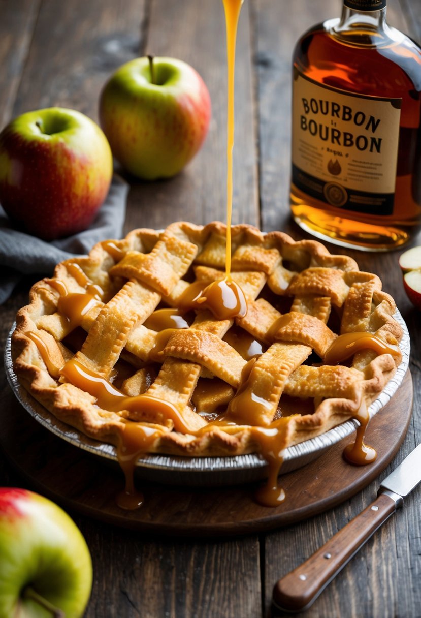 A golden apple pie with a lattice crust sits on a rustic wooden table, drizzled with rich bourbon caramel sauce and surrounded by fresh apples and a bottle of bourbon