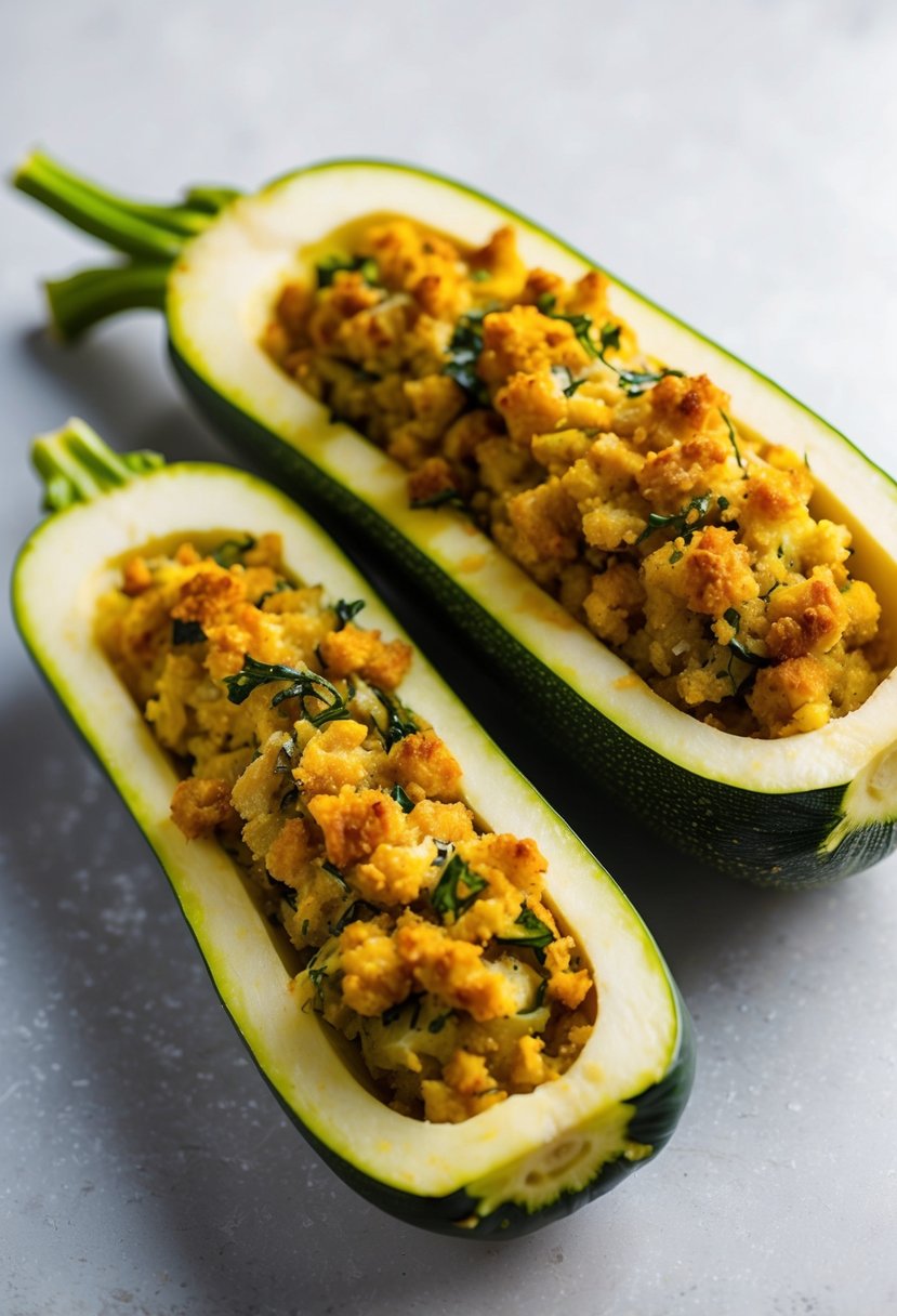 Fresh zucchini and squash cut in half, hollowed out, and filled with a savory stuffing mixture, ready to be baked