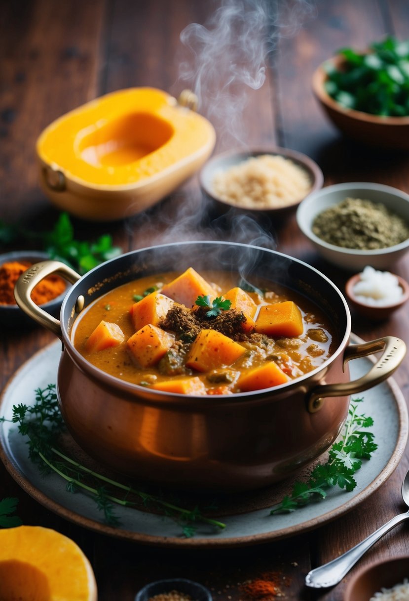 A steaming pot of butternut squash curry surrounded by vibrant spices and herbs, with a warm and inviting color palette