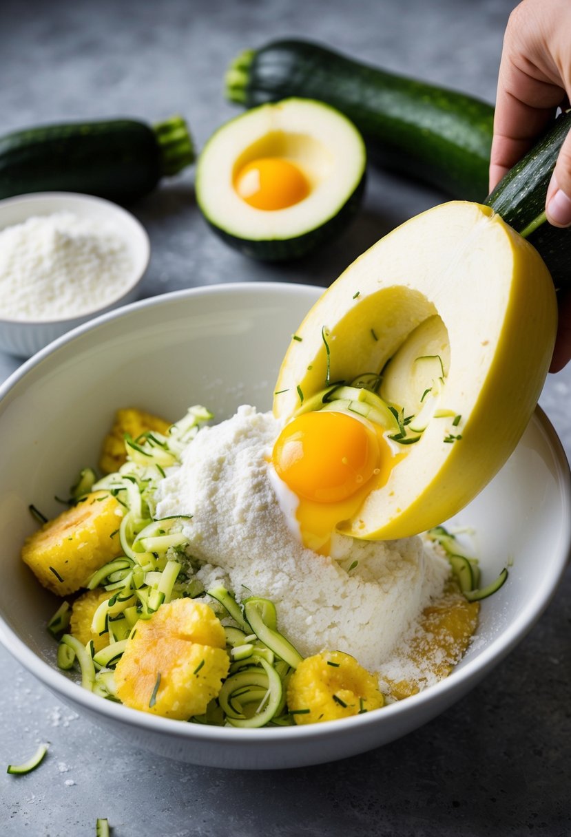 Fresh zucchini and squash being grated and mixed with flour and eggs in a bowl, ready to be fried into fritters