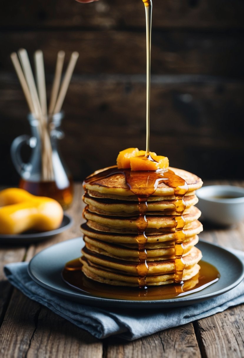 A stack of golden butternut squash pancakes drizzled with maple syrup on a rustic wooden table