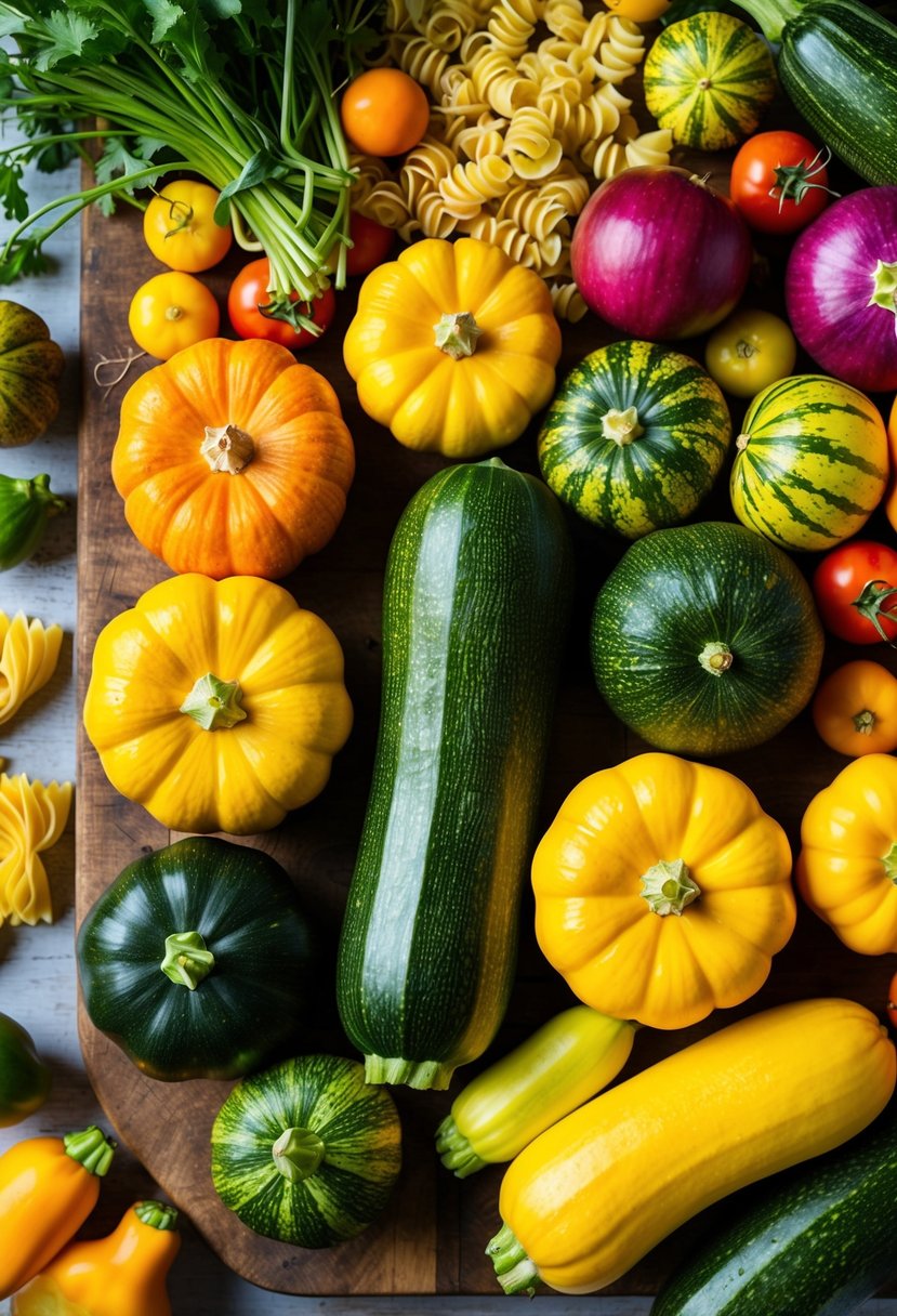 A colorful array of freshly picked squash and zucchini, alongside vibrant pasta and a medley of bright, seasonal vegetables, all arranged on a rustic wooden cutting board