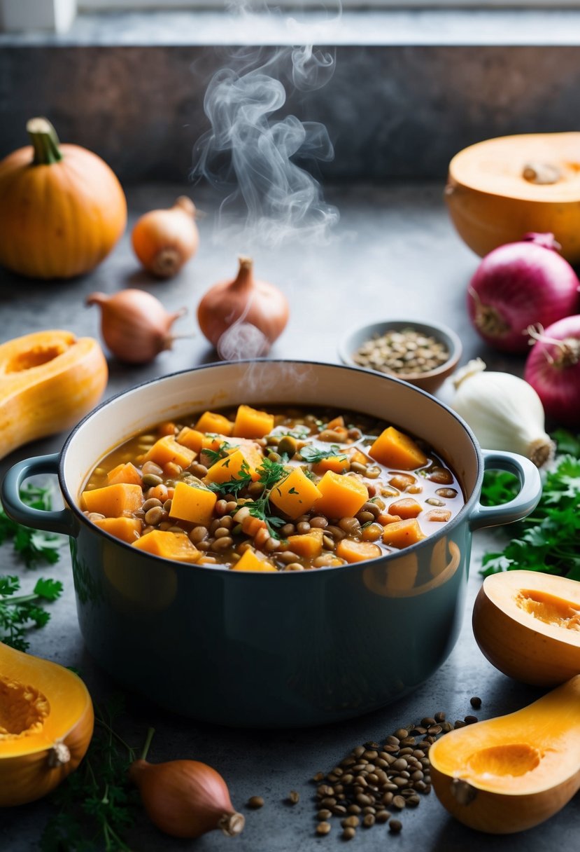 A steaming pot of butternut squash and lentil stew surrounded by fresh ingredients like squash, lentils, onions, and herbs on a rustic kitchen counter