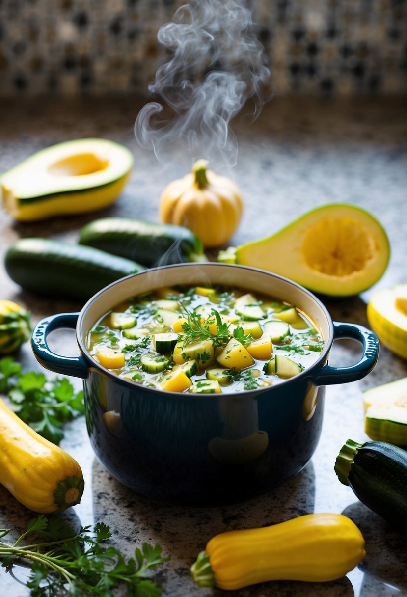 A steaming pot of herbed zucchini squash soup surrounded by fresh zucchini and squash, with a scattering of herbs on the countertop