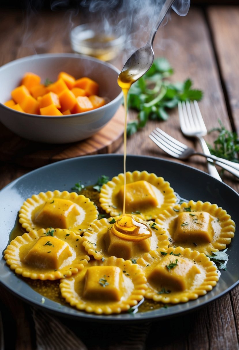 A steaming plate of butternut squash ravioli sits on a rustic wooden table, drizzled with rich, golden brown butter and sprinkled with fresh herbs