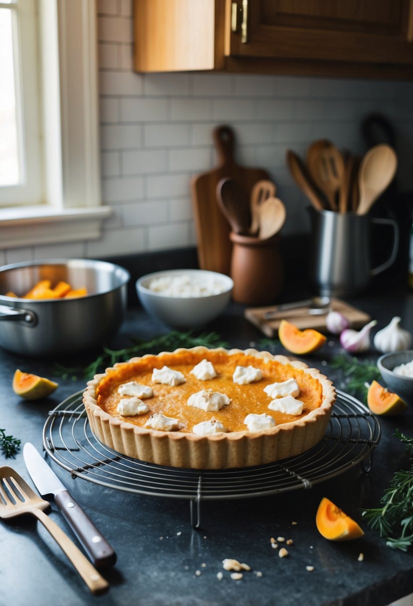 A rustic kitchen counter with a freshly baked butternut squash and goat cheese tart cooling on a wire rack, surrounded by scattered cooking utensils and ingredients