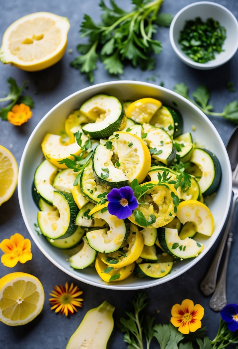 A vibrant array of sliced zucchini and squash tossed in a tangy lemon dressing, garnished with fresh herbs and colorful edible flowers