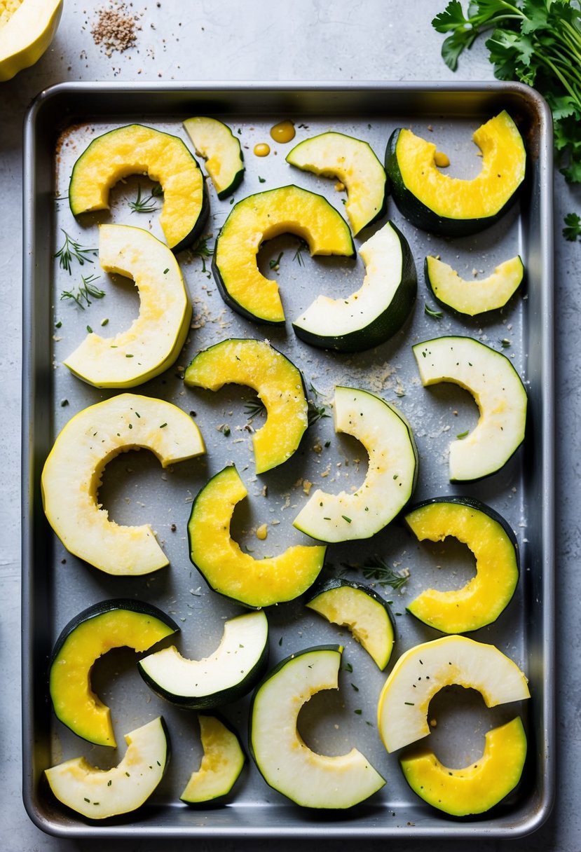 Freshly sliced squash and zucchini coated in Parmesan, arranged on a baking sheet with herbs and spices scattered around