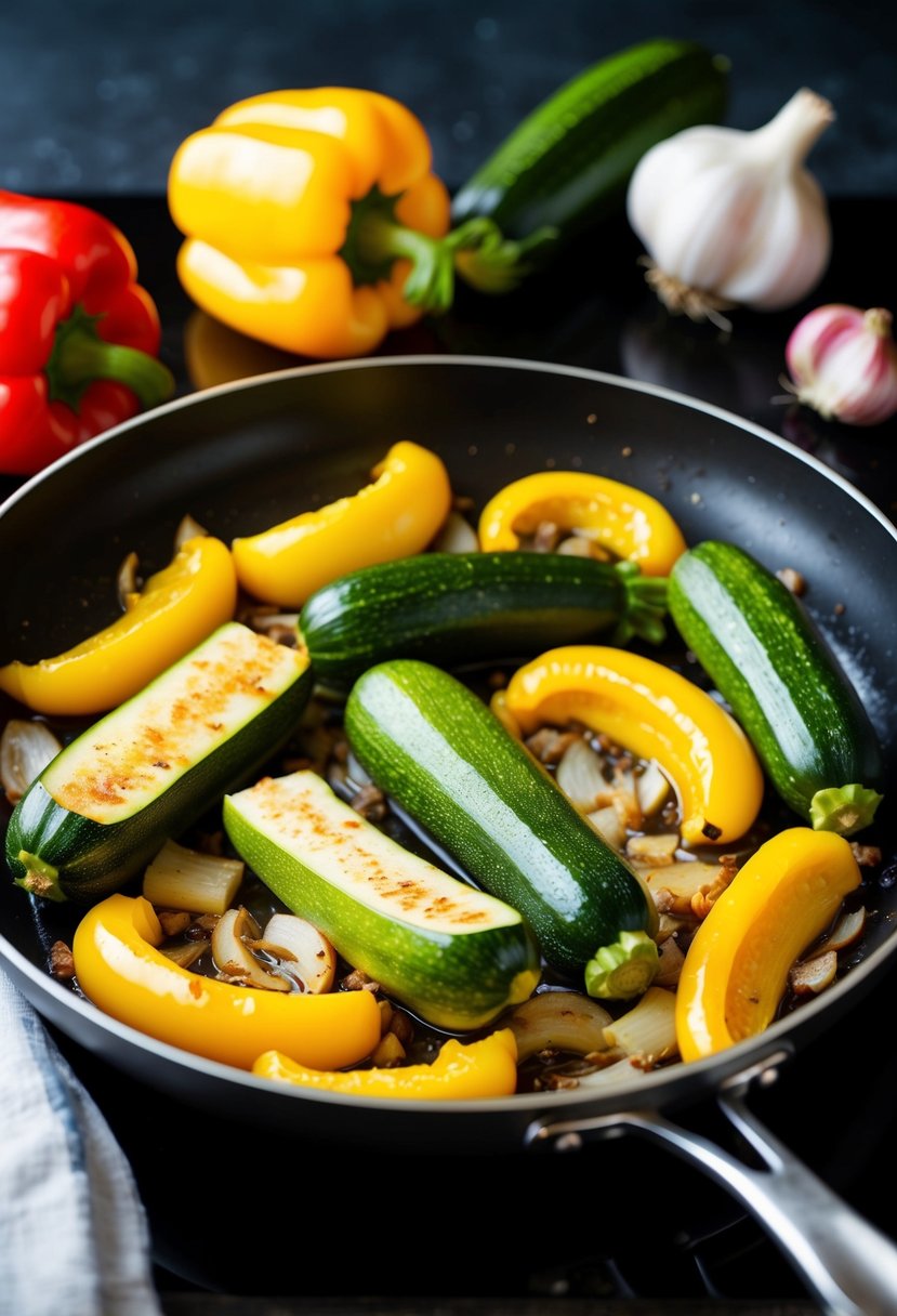 Fresh zucchini and yellow squash sizzling in a hot skillet with garlic, onions, and colorful bell peppers