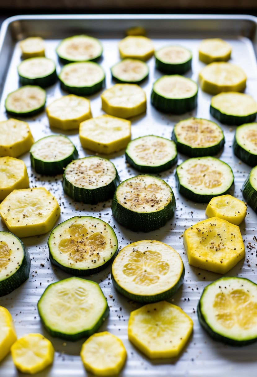 Fresh zucchini and squash slices arranged on a baking sheet, sprinkled with seasoning, ready to be baked into crispy chips