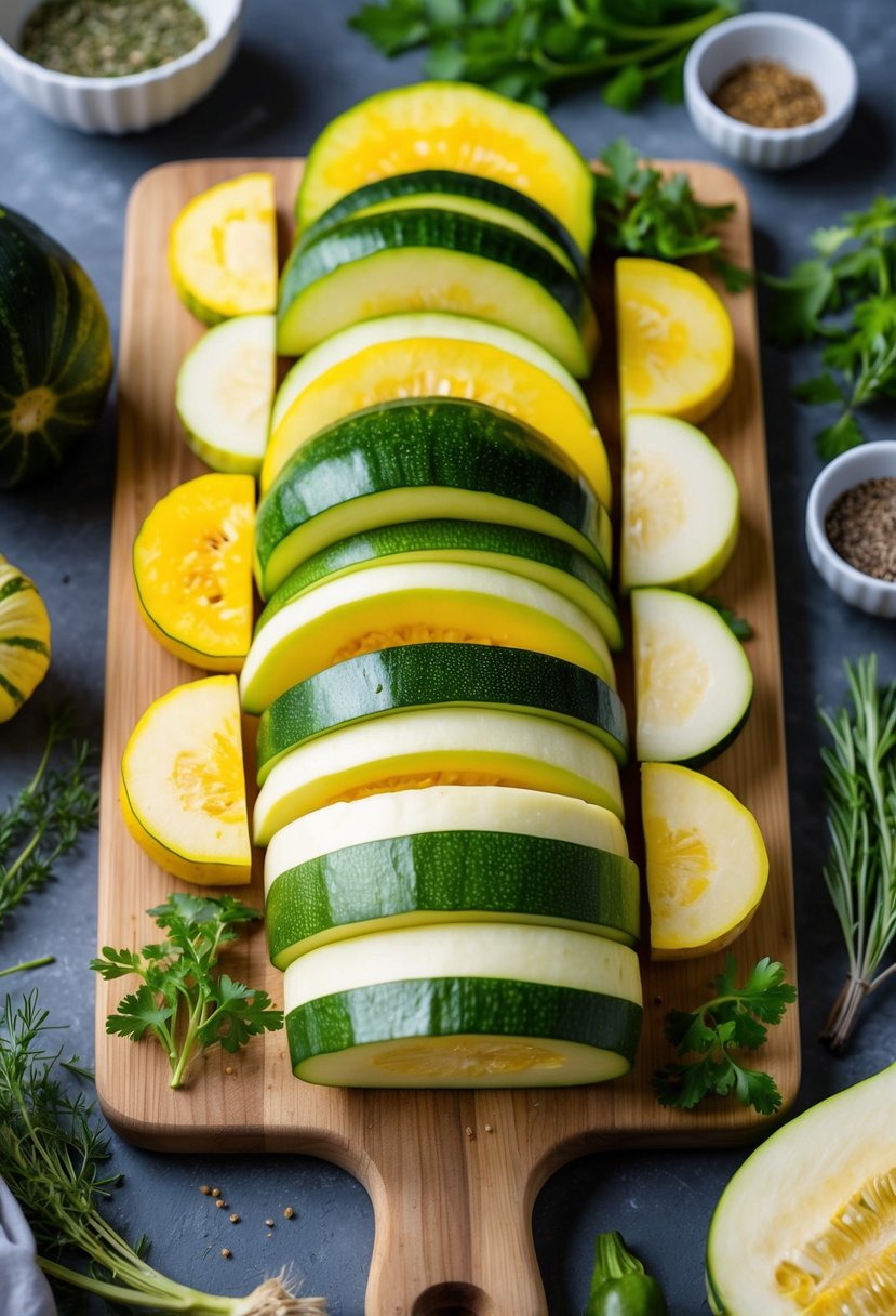 A colorful array of sliced zucchini and squash arranged on a wooden cutting board, surrounded by fresh herbs and spices