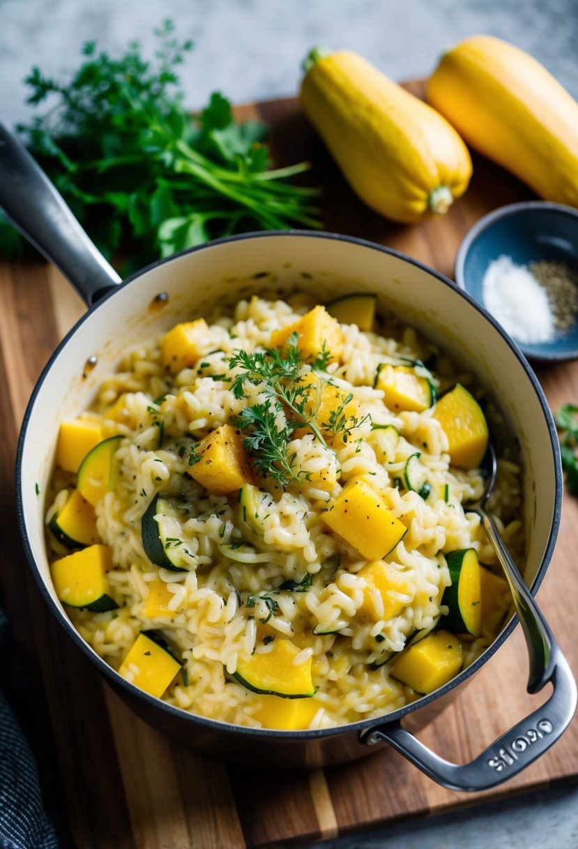 A bubbling pot of creamy risotto with chunks of squash and zucchini, surrounded by fresh herbs and spices on a wooden cutting board