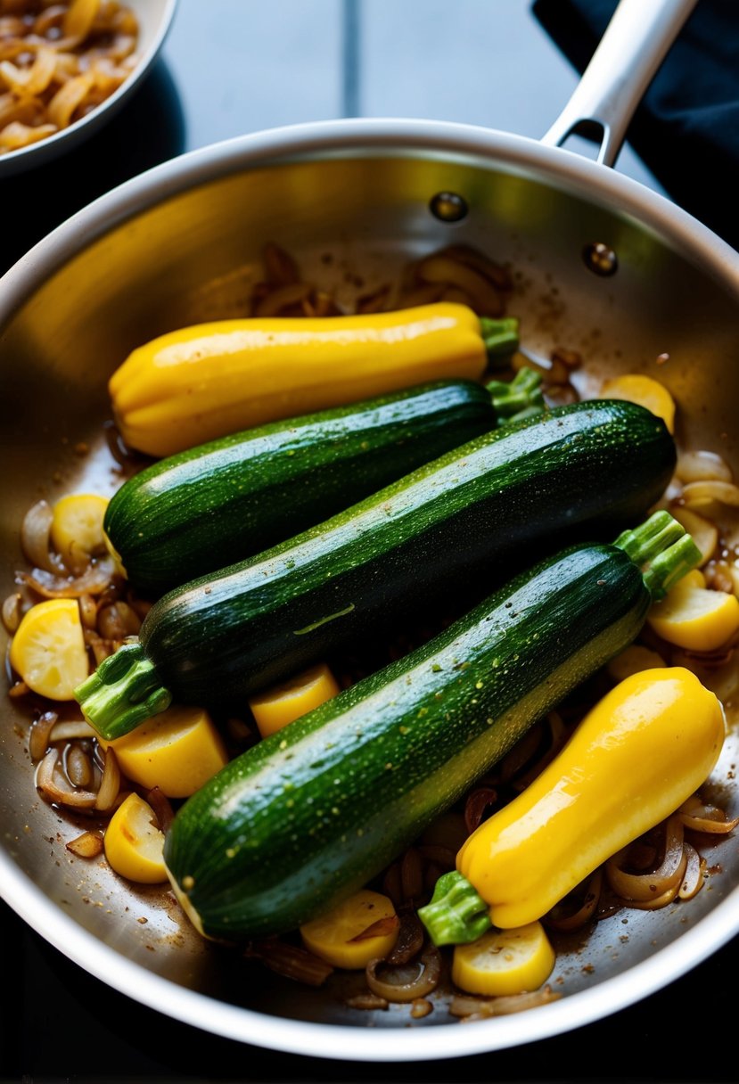 Fresh zucchini and squash sizzling in a pan with caramelized onions