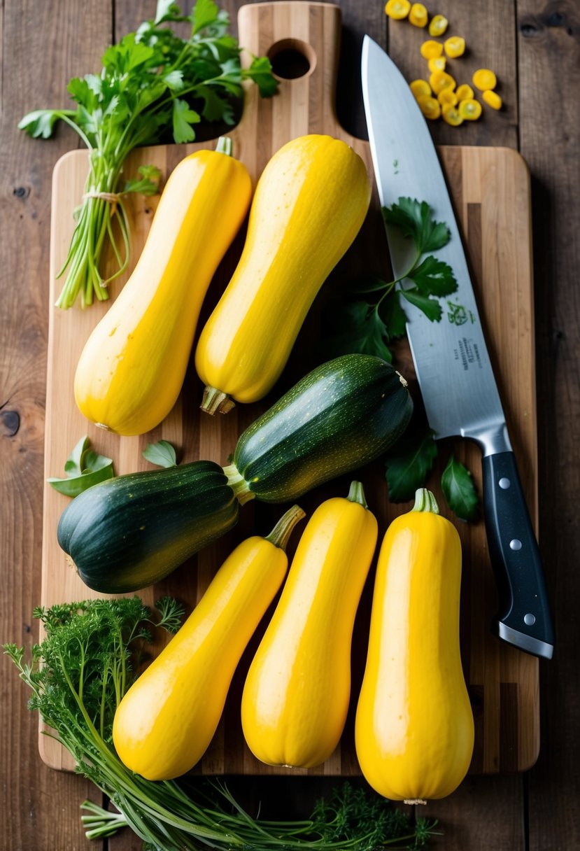 Fresh summer squash arranged on a wooden cutting board with a knife and various herbs scattered around