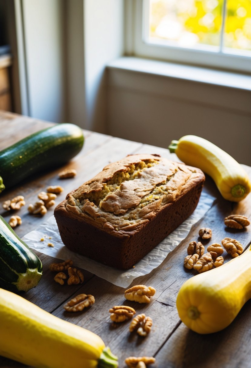 A rustic kitchen table with a loaf of zucchini bread surrounded by fresh summer squash and scattered walnuts. Sunlight streams through a nearby window, casting a warm glow on the scene