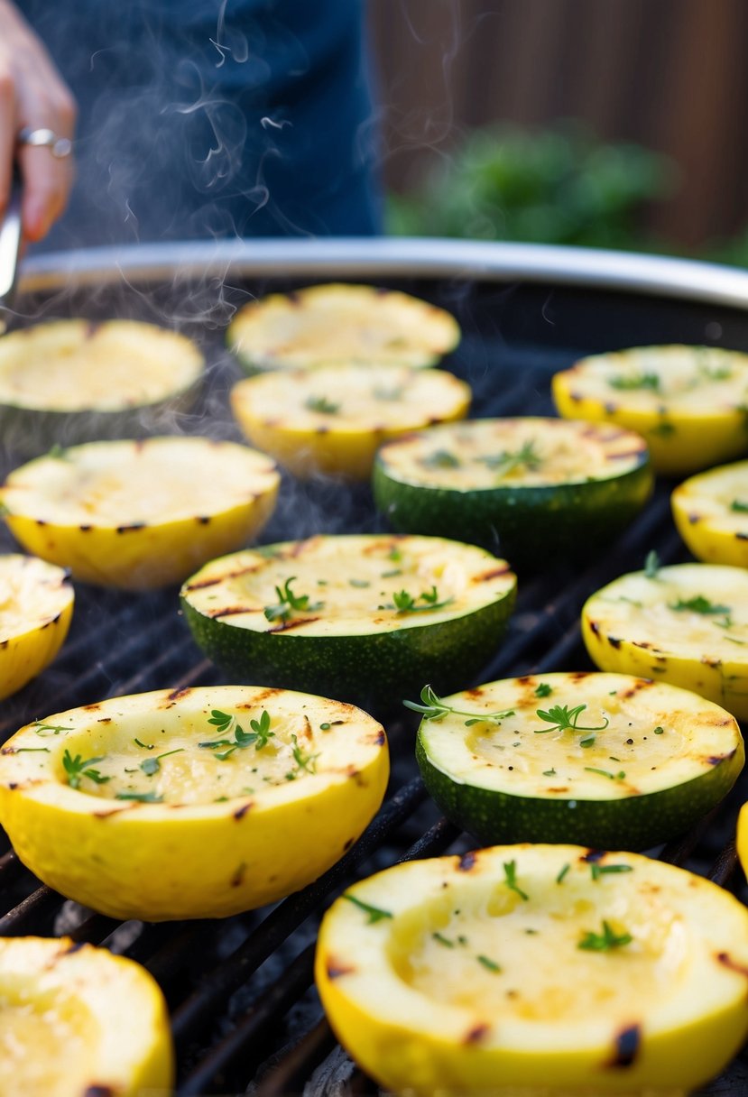 A sizzling grill with yellow squash slices sprinkled with fresh herbs