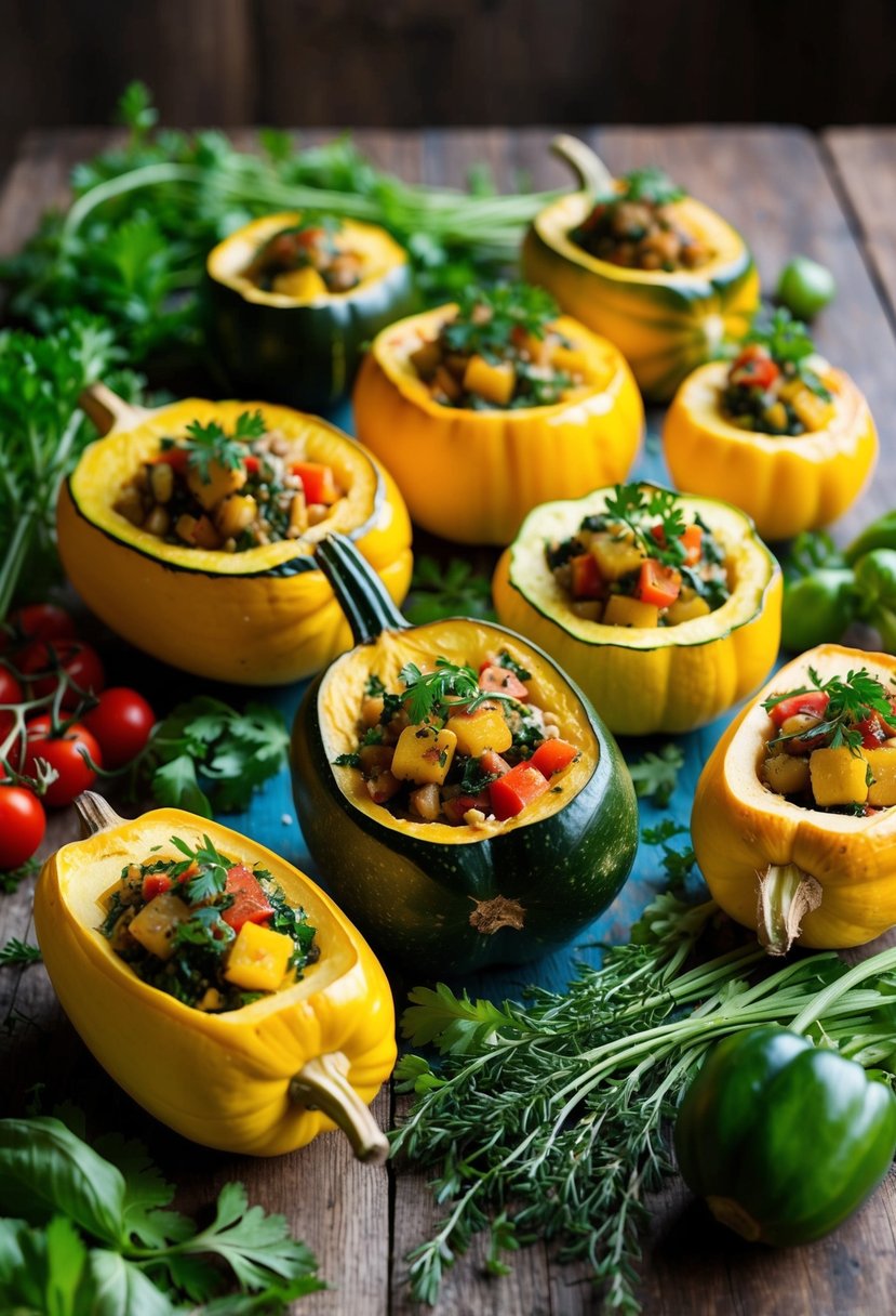 A colorful array of stuffed pattypan squash, surrounded by fresh herbs and vibrant vegetables, set on a rustic wooden table