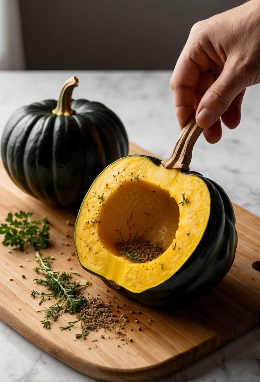 An acorn squash being sliced open and seasoned with herbs and spices on a wooden cutting board