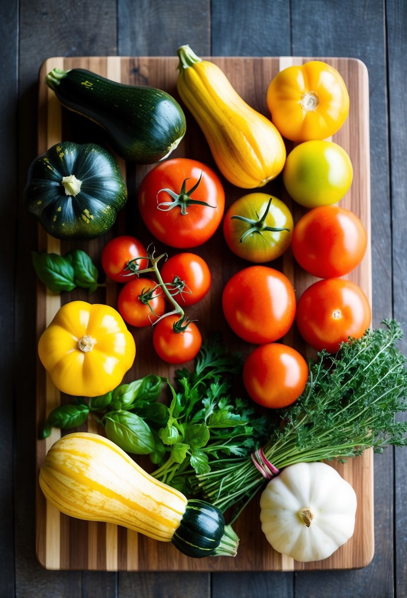 A colorful array of summer squash, tomatoes, and herbs arranged on a wooden cutting board