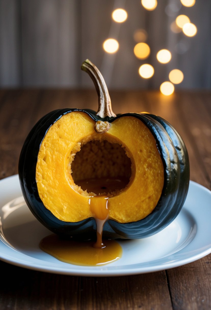 A whole acorn squash, split in half and roasted, with a shiny maple glaze dripping down the sides