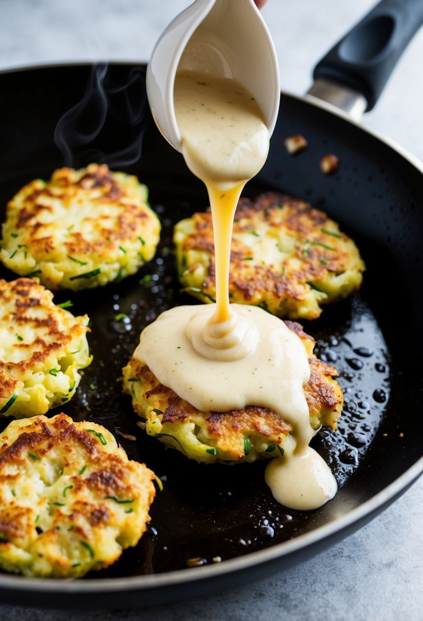 Golden zucchini fritters sizzle in a pan, steam rising, while a creamy garlic sauce is being drizzled over them