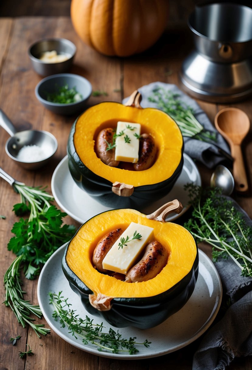 A rustic kitchen scene with a halved acorn squash filled with sausage and fontina cheese, surrounded by fresh herbs and cooking utensils