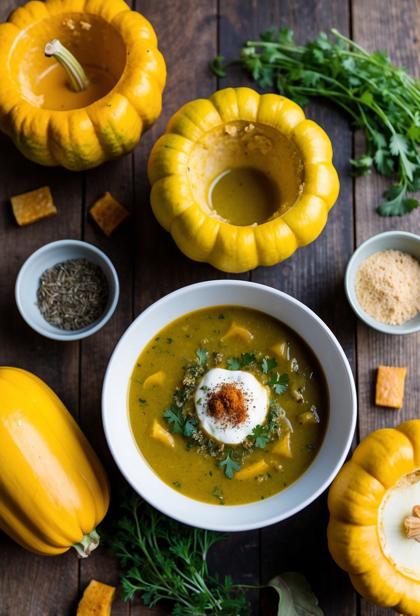 A steaming bowl of curried acorn squash soup surrounded by whole acorn squash, fresh herbs, and spices on a rustic wooden tabletop