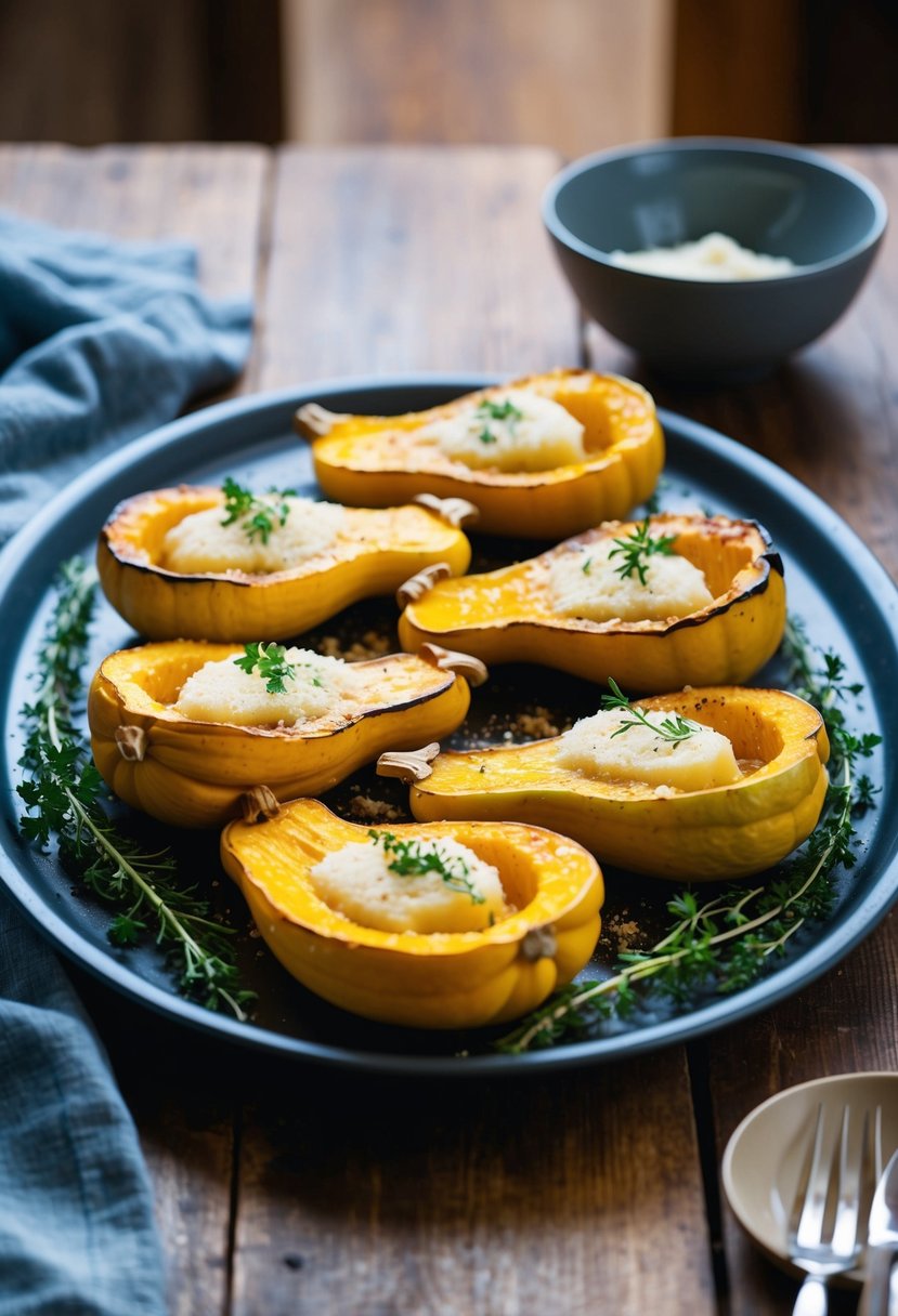 A platter of roasted squash topped with Parmesan cheese, garnished with fresh herbs and served on a rustic wooden table