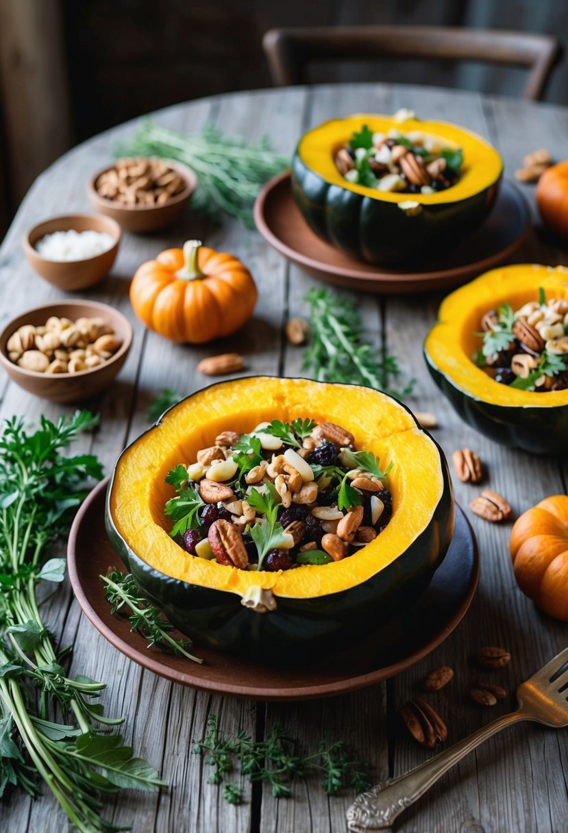 A rustic wooden table set with a colorful acorn squash salad surrounded by fresh herbs, nuts, and a variety of sweet and savory toppings