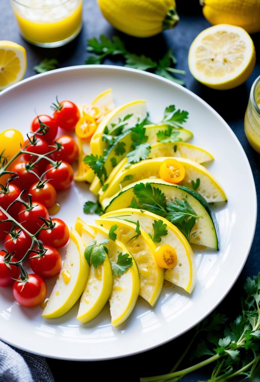 A colorful array of sliced summer squash, cherry tomatoes, and fresh herbs arranged on a white plate, drizzled with a vibrant lemon dressing