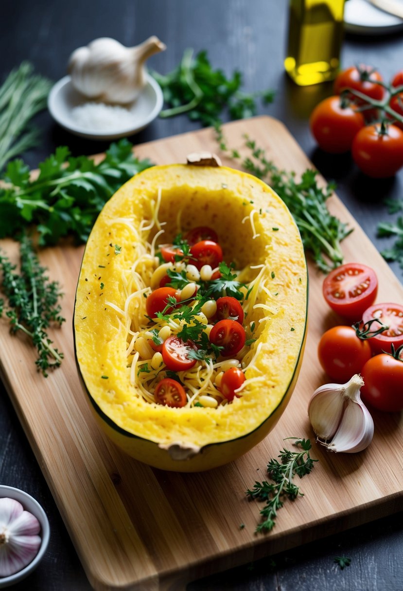 A colorful array of ingredients surround a halved spaghetti squash on a wooden cutting board, including herbs, garlic, tomatoes, and olive oil