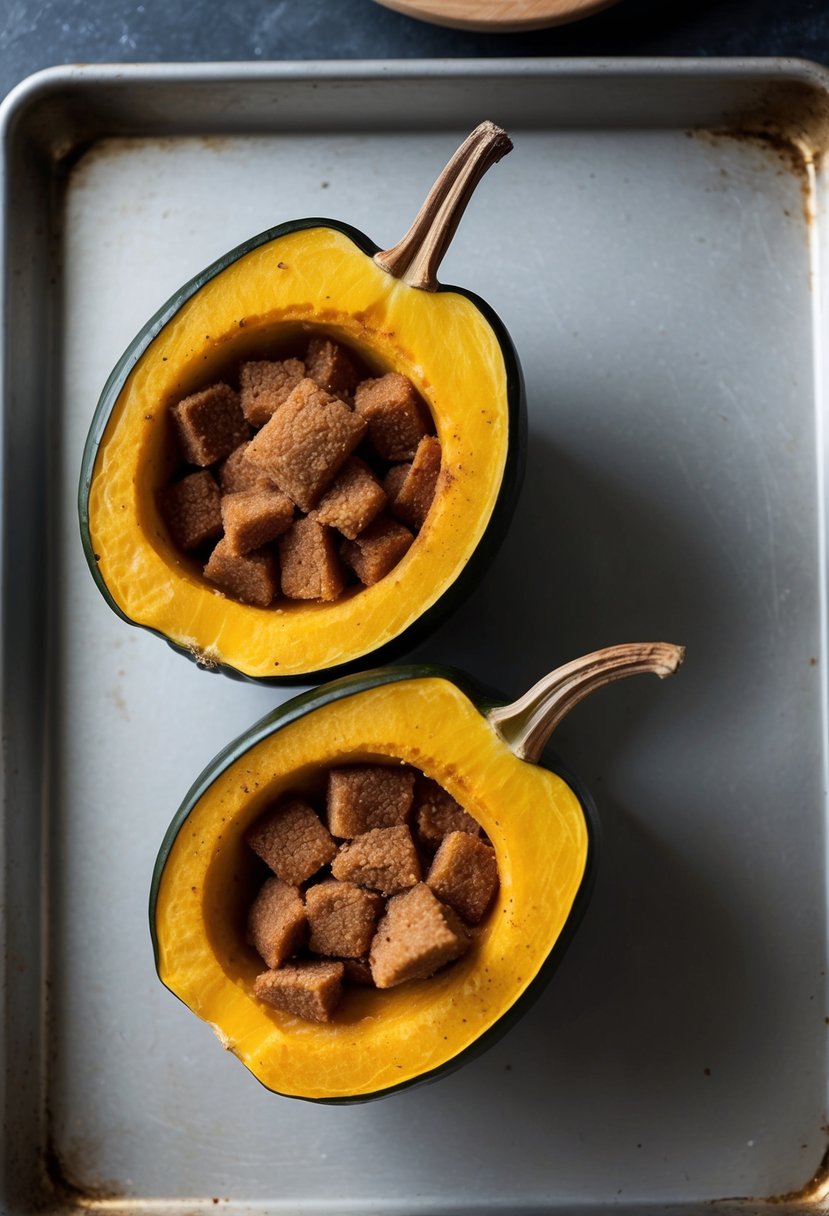 An acorn squash cut in half, filled with brown sugar and cinnamon, and placed on a baking sheet ready to be roasted