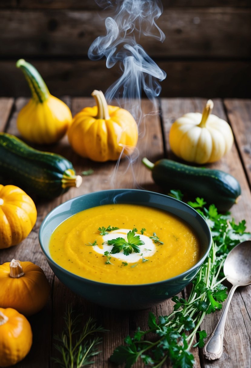 A steaming bowl of creamy squash soup surrounded by fresh summer squash and herbs on a rustic wooden table