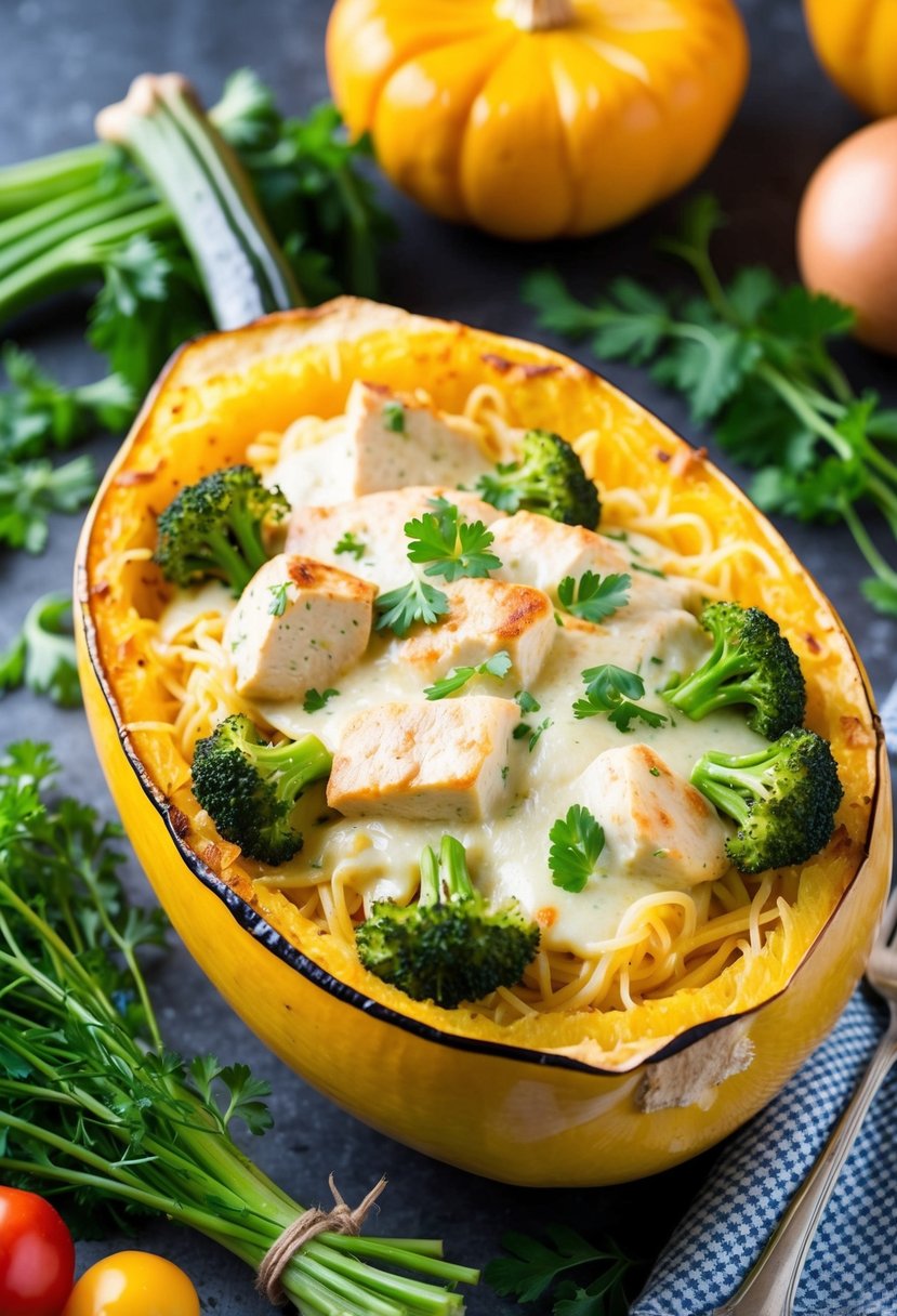 A golden-brown spaghetti squash bake overflowing with creamy chicken, broccoli, and melted cheese, surrounded by fresh herbs and colorful vegetables