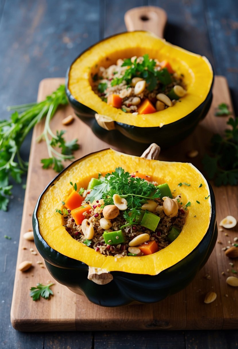 A halved acorn squash filled with quinoa, vegetables, and herbs, placed on a rustic wooden cutting board. A sprinkle of nuts and fresh herbs on the side