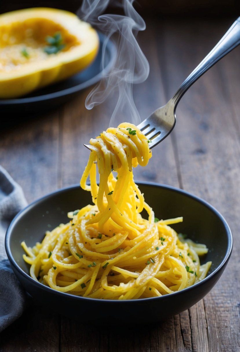 A fork twirls strands of spaghetti squash coated in garlic parmesan sauce. Steam rises from the dish on a rustic wooden table