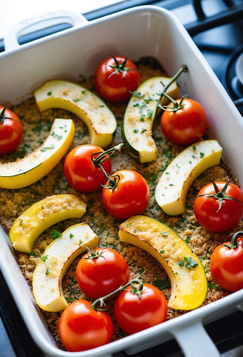 Fresh summer squash and ripe tomatoes arranged in a baking dish, sprinkled with breadcrumbs and herbs, ready for the oven