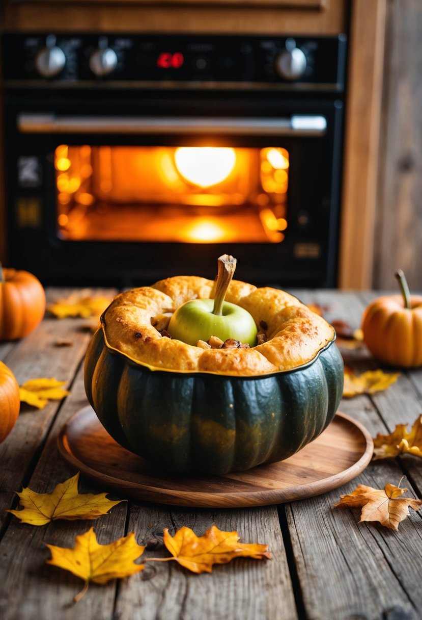 An acorn squash and apple bake sits on a rustic wooden table, surrounded by scattered autumn leaves and a warm, inviting glow from the oven