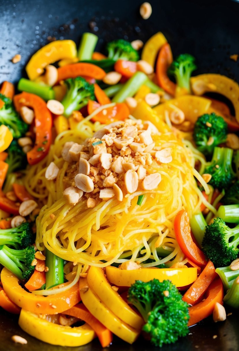 A colorful array of fresh vegetables and strands of spaghetti squash, stir-fried in a wok with savory sauce and topped with crushed peanuts