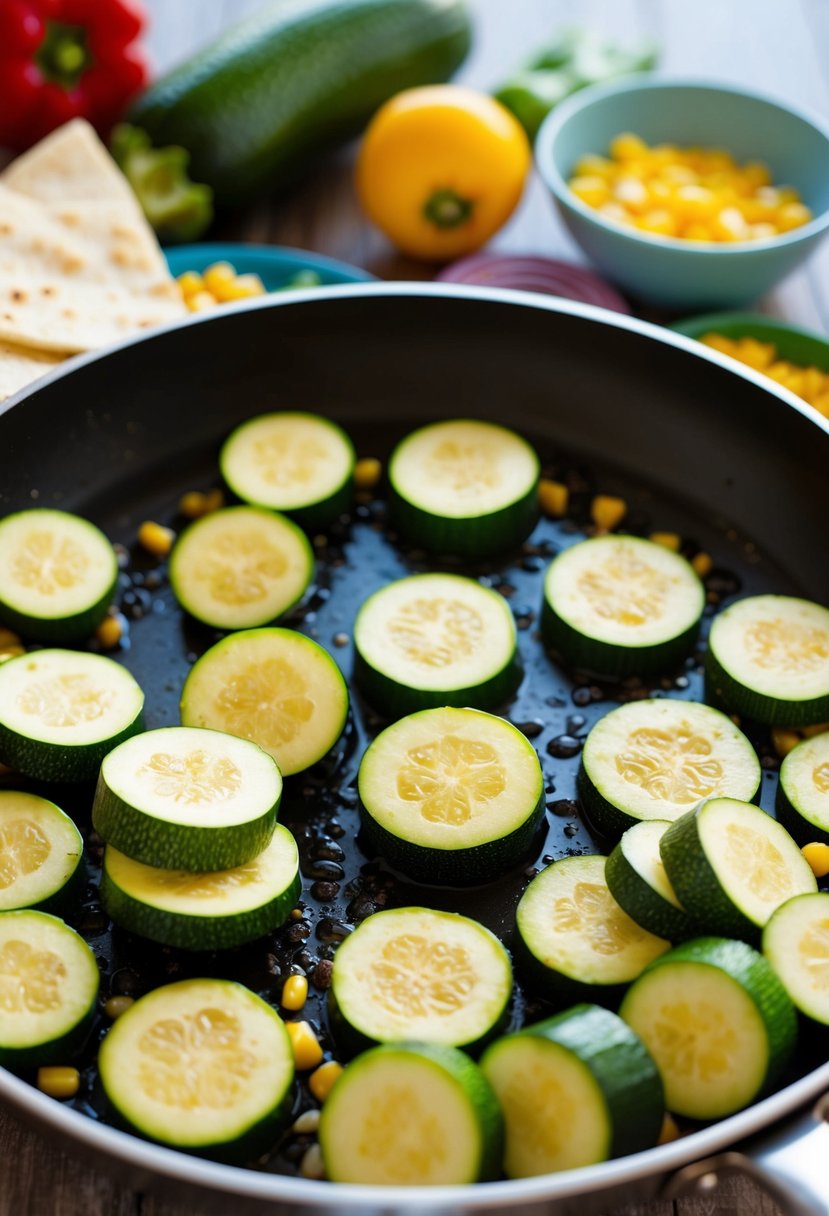 Sliced zucchini and corn sizzling on a hot skillet, surrounded by colorful ingredients for quesadillas