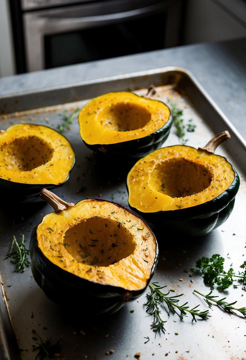 A whole acorn squash cut in half, seasoned with herbs, and roasting in the oven on a baking sheet