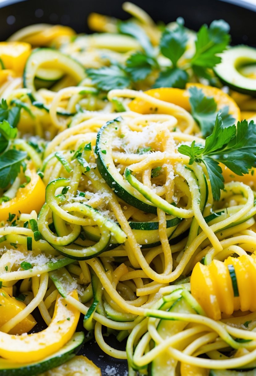 A colorful array of zucchini noodles and summer squash intertwining with strands of spaghetti, garnished with fresh herbs and grated cheese