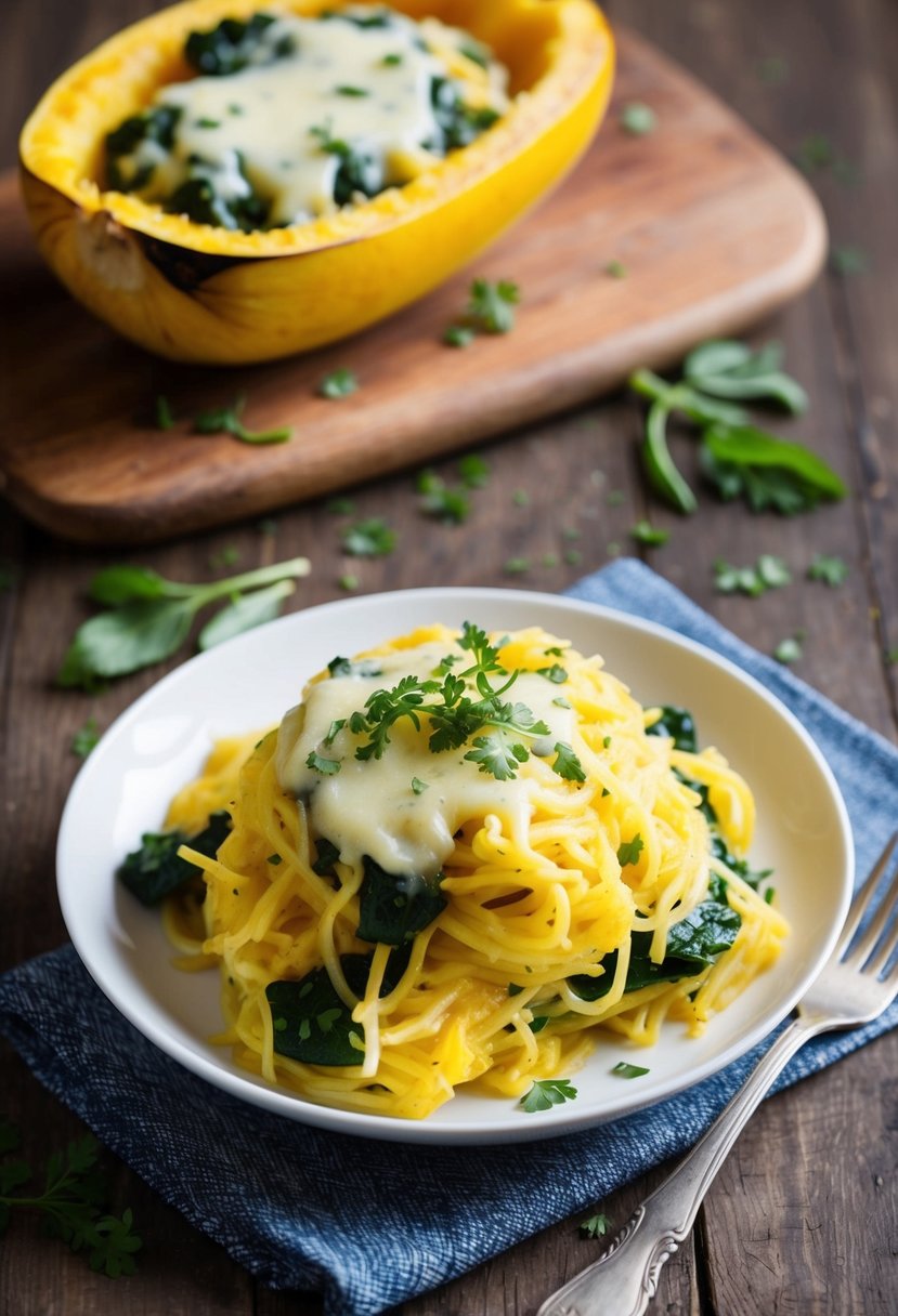 A steaming plate of cheesy spaghetti squash with spinach, garnished with fresh herbs, sits on a rustic wooden table