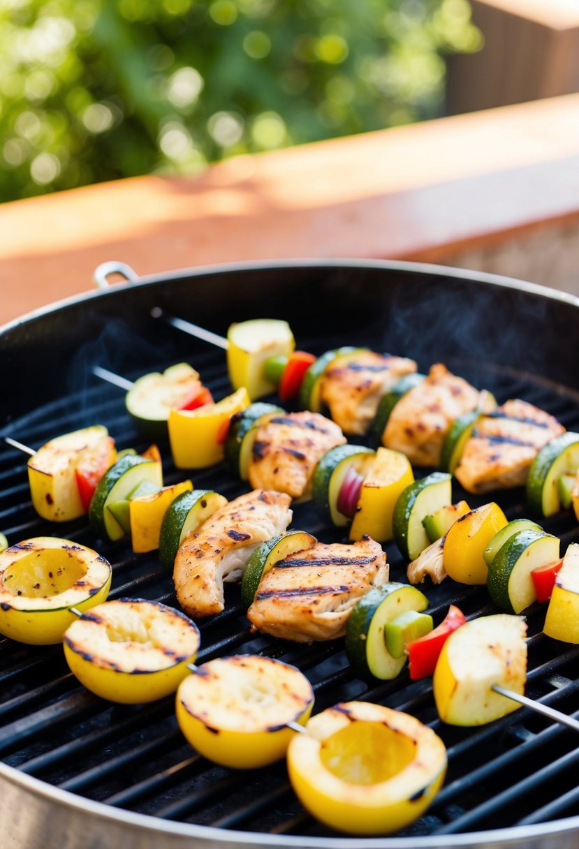 Fresh summer squash and chicken skewers sizzling on a hot grill, with vibrant vegetables and juicy meat cooking to perfection