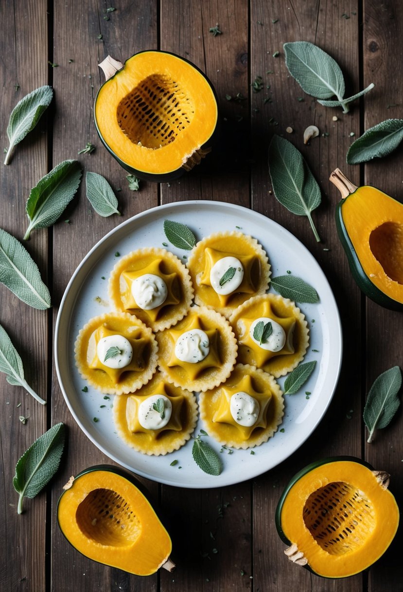 A plate of acorn squash ravioli drizzled with sage butter, surrounded by scattered sage leaves and halved acorn squash